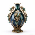 Handcrafted China Blueblack Antique Vase With Dark Gold And Light Emerald Jewels Royalty Free Stock Photo