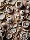 Handcrafted clay masterpieces and pottery tools on a neutral studio background Royalty Free Stock Photo