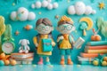 Handcrafted Clay Schoolchildren With Books and Classroom Decorations Royalty Free Stock Photo