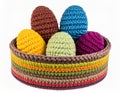 Handcrafted Crochet Easter Eggs Displayed in Vibrant Striped Knitted Basket Isolated on White Royalty Free Stock Photo
