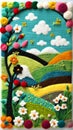 Handcrafted felt art feature lush gardens bloom flower sunny day lovely animal in a patchwork style
