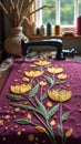 Handcrafted floral embroidery on fabric with sewing machine in cozy workspace Royalty Free Stock Photo