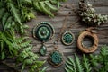 Handcrafted green and turquoise jewelry collection laid on rustic wood with ferns and succulents enhancing the natural
