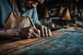 Handcrafted leatherwork being stitched by artisan hands Royalty Free Stock Photo