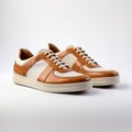 Handcrafted Light Brown And White Leather Sneakers On A Light Background
