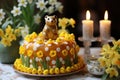 Handcrafted marzipan animals sit atop an elegantly decorated cake surrounded by almonds and pastel confections