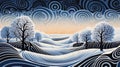 Handcrafted Op Art Winter Scene With Swirling Trees