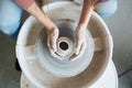 Handcrafted on a potter`s wheel,Hands make clay from various items for home and sale in the store and at the exhibition, ceramic i Royalty Free Stock Photo