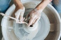 Handcrafted on a potter`s wheel,Hands make clay from various items for home and sale in the store and at the exhibition, ceramic i Royalty Free Stock Photo