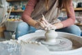 Handcrafted on a potter`s wheel,Hands make clay from various items for home and sale in the store and at the exhibition, ceramic i Royalty Free Stock Photo