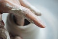 Handcrafted on a potter`s wheel,Hands make clay from various items for home and sale in the store and at the exhibition, ceramic i Royalty Free Stock Photo