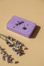 Handcrafted purple lavender soap with lavender flowers. Natural hydrating moisturiser softness cosmetic. Organic calming