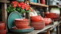 Handcrafted Red and Green Ceramic Dishes on Rustic Shelf Royalty Free Stock Photo