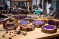 handcrafted tambourines displayed on a workbench