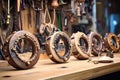 handcrafted tambourines displayed on a workbench