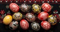 Handcrafted traditional decorated Easter eggs on woven floral textile background Royalty Free Stock Photo