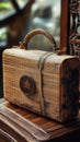 Handcrafted vintage wooden box with woven texture and elegant handle design Royalty Free Stock Photo