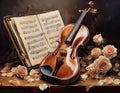 Handcrafted Violin on Sheet Music Table