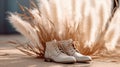 Handcrafted White Boots On Desert Grasses With Boho Style