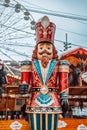 Handcrafted wood Nutcracker toy Christmas Market in Katowice, Poland. Festive nutcracker soldier toys Royalty Free Stock Photo