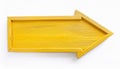 Handcrafted yellow wooden arrow sign isolated on white. Right direction. Wood pointer