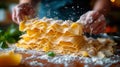 Handcrafting fresh lasagna pasta sheets with flour dusting in a home kitchen.