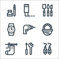 handcrafts line icons. linear set. quality vector line set such as earrings, screwdriver, sock, basket, drill, watchmaking,