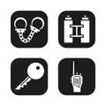 Handcuff, key, radio, binoculars in black squares. Royalty Free Stock Photo