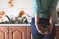 Fragment of the handcuffed female body at the kitchen counter, f