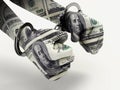 Handcuffed hands with dollar texture. 3D illustration Royalty Free Stock Photo