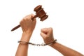 Handcuffed Woman Holding Wooden Gavel on White