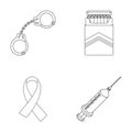 Handcuffs, cigarettes, AIDS tape, syringe. Drugs set collection icons in outline style vector symbol stock illustration