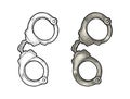 Handcuffs. Engraving vintage vector color and monochrome illustration.