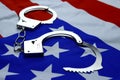 handcuffs on the flag of America, the concept of combating crime, corruption in the USA