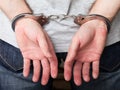 Handcuffs on hands Royalty Free Stock Photo