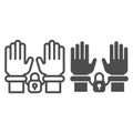 Handcuffs on hands line and glyph icon. Arrest vector illustration isolated on white. Criminal outline style design