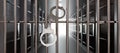 Handcuffs on jail cell closed metal bar door. Prison building corridor background, 3d render