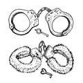 Handcuffs and key, fluffy handcuffs and heart shape key, gravure style ink drawing