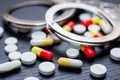 Handcuffs and pills and drugs on wooden table Royalty Free Stock Photo