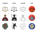 Handcuffs, scales of justice, hacker, crime scene.Crime set collection icons in cartoon,black,outline,flat style vector
