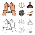 Handcuffs, scales of justice, hacker, crime scene.Crime set collection icons in cartoon,outline style vector symbol