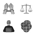 Handcuffs, scales of justice, hacker, crime scene.Crime set collection icons in monochromet style vector symbol stock