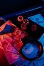 Handcuffs, smartphone and dice. Online casino concept. Vertical image