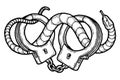 Handcuffs. Vintage police engraved style, retro hand draw prison graphic, metal security, snake. Vector sketch