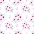 Handdrawn anemone seamless pattern. Watercolor pink flowers with green leaves on the white background. Scrapbook design,