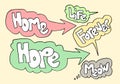 Handdrawn arrows, borders set with handwritten texthome,hope,life,forever,meow. Vector icon