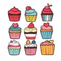 Handdrawn assorted cupcakes vector illustration featuring various toppings styles vibrant colors