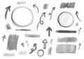 Handdrawn black pencil sketches vector set of arrows, circles and brush strokes Royalty Free Stock Photo