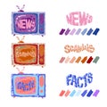 Handdrawn Cartoon Doodle set of Television TV vector illustration with Lettering word Video News, Scandals, Facts and Royalty Free Stock Photo