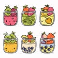 Handdrawn colorful fruit smoothies glass jars, vibrant fresh fruit toppings, cute doodle style